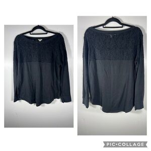 HINGE Lace Trim Long Sleeve Crewneck Top Black Sz Large
